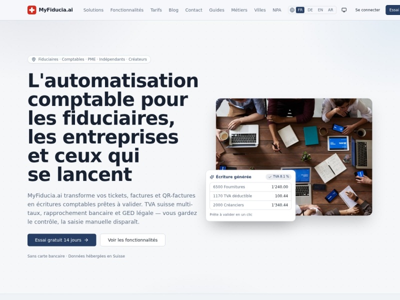 Aperçu du site MyFiducia.ai — logiciel de comptabilité suisse