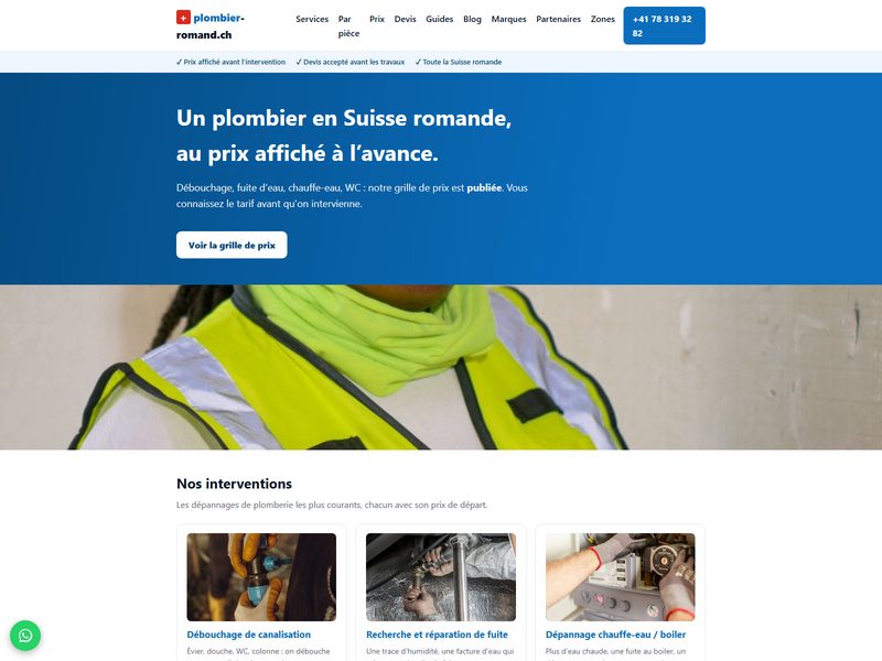 Aperçu du site Plombier Romand — plombier à prix affichés en Suisse romande