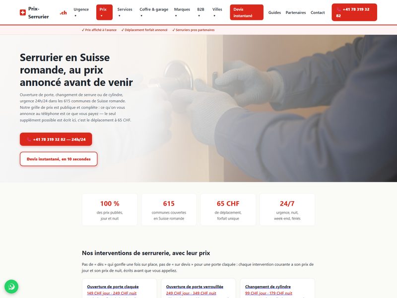 Aperçu du site Prix-Serrurier.ch — serrurier à prix affichés en Suisse romande